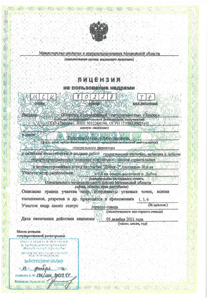 лицензия карьера Дубки